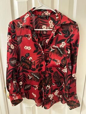 Zara Red Floral Button-Down Shirt with Black & Cream Leaves